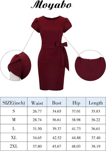 Vista 6 de Moyabo Vestido ajustado de manga corta para mujer cuello redondo lazo en la cintura casual fiesta trabajo cóctel