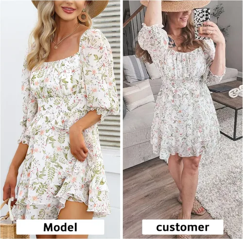 Vista 2 de EXLURA - Vestido corto de verano para mujer vestido con estampado floral diseño escalonado con volantes cuello cuadrado manga larga y hombros