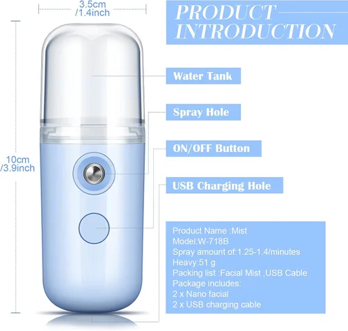 Vista 3 de Honoson 2 Nano Vaporizador Facial Portátil Nano Mister para Extensiones de Pestañas Recargable por USB 1 oz Aparato de Cuidado de la Piel Mano