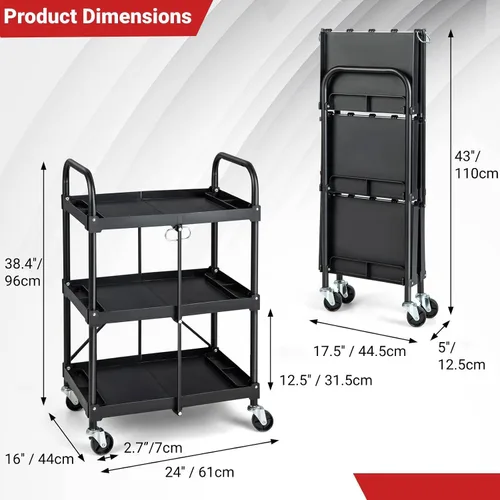 Vista 6 de IRONMAX Carrito de servicio plegable con ruedas, carrito plegable de 3 niveles de metal resistente con rueda universal y compartimentos, carrito