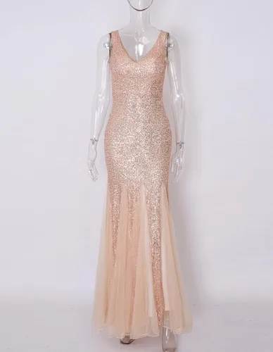 Vista 3 de A ARFAR Vestido de lentejuelas para mujer, vestido de fiesta de tul para mujer, vestido sexy con cuello en V, vestidos largos formales, vestidos