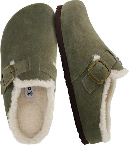 Vista 11 de CUSHIONAIRE Haven - Zuecos de cuero genuino para mujer, zapatos sin cordones con forro de piel sintética con plantilla de corcho y hebilla ajustable