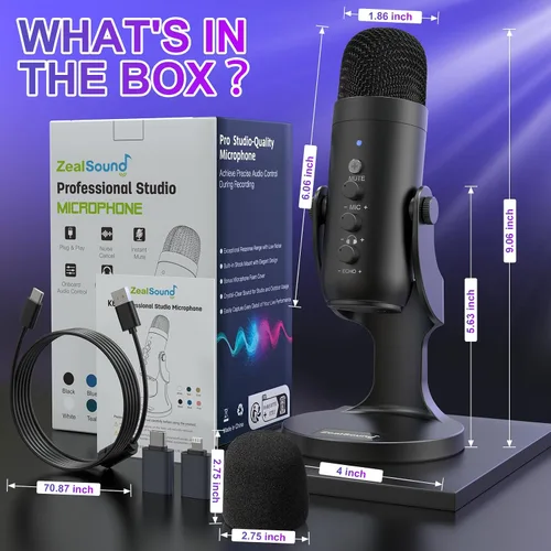 Vista 9 de ZealSound Micrófono de podcast para PC, micrófono USB con cancelación de ruido con ganancia, ajuste de volumen y botón de silencio, monitoreo y eco