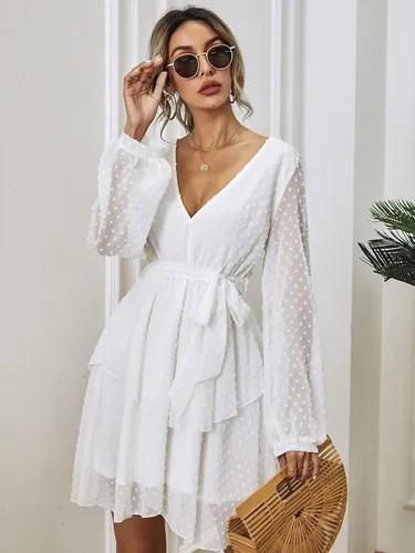 Vista 4 de MakeMeChic Vestido de manga obispo con cinturón de punto suizo para mujer