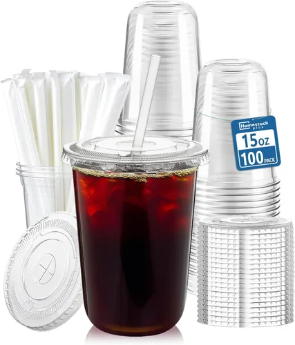 Vista 8 de Homestockplus Paquete de 100 vasos de plástico transparente de 12 onzas sin BPA con tapas y popotes, vasos desechables para sorbetes a prueba