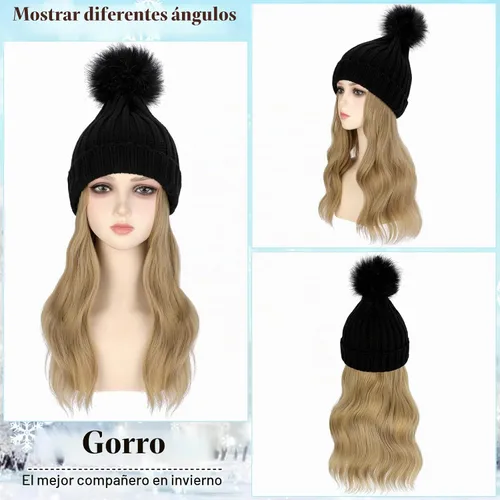 Vista 2 de Gorro de peluca con extensiones de cabello largo ondulado – Gorro de punto acanalado con pompón unido 14 pulgadas rizado sintético postizo