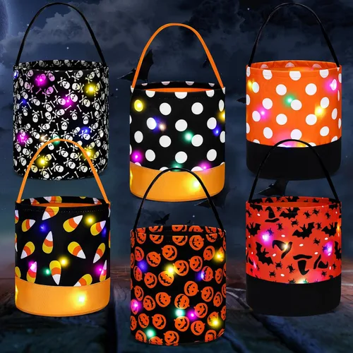 Vista 8 de Teling 6 bolsas de dulces de calabaza con luces LED para Halloween con luces LED para Halloween, bolsa de regalo reutilizable para suministros