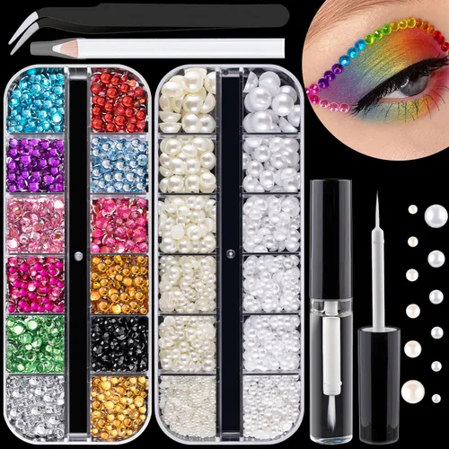 Vista 11 de Kits de estrases con parte trasera plana, estrases de colores+cristales AB y gemas faciales transparentes blancas para uñas con pegamento