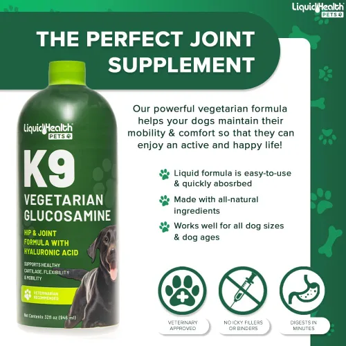 Vista 3 de LIQUIDHEALTH Glucosamina líquida vegetariana K9 de 32 onzas para todos los perros, condroitina, MSM, Omega 3, ácido hialurónico antioxidantes, salud