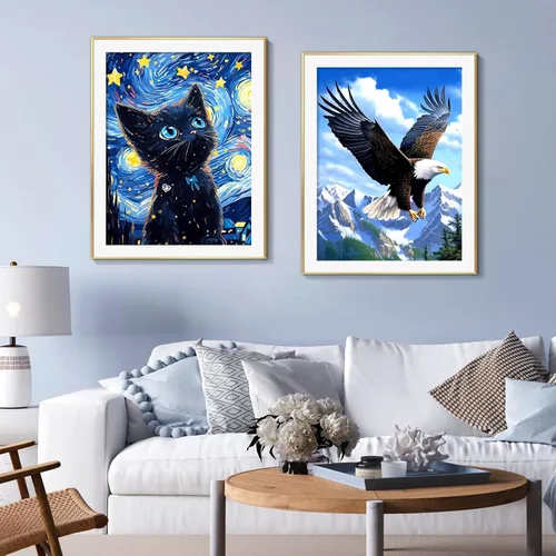 Vista 4 de Kits de Arte de Diamantes de Gato de SANYUN para Adultos, Kits de Pintura de Diamantes de Noche Estrellada, Pinturas de Animales con Diamantes