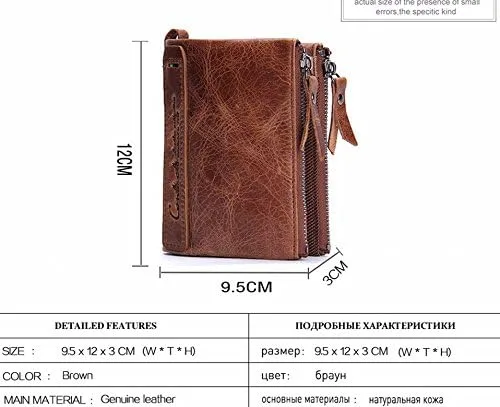 Vista 2 de Cartera corta de cuero para hombre monedero cartera de cuero con doble cremallera funda de identificación