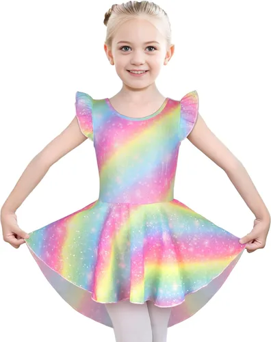 Vista 7 de iLover Vestido de leotardo clásico con tutú y mangas con volantes para niñas, para danza, gimnasia y ballet Negro