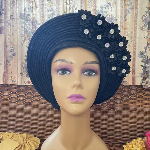 Vista 5 de Turbante africano nigeriano musulmán Headwear Gele Head Wrap Auto Gele Headties Ya Hecho Diadema de mujer para fiesta