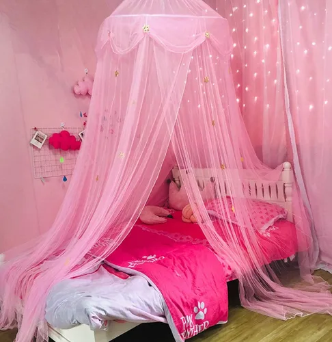 Vista 2 de Dosel de Cama para Niñas con Luces de Estrellas, Cortinas de Dosel de Cama de Princesa con Mosquitero de Estrella Dorada para Decoración de Rosa