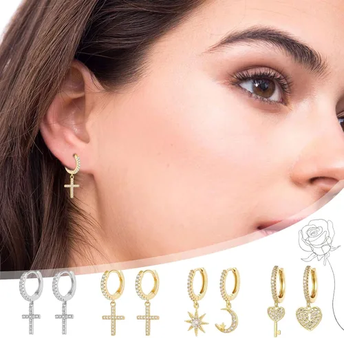 Vista 19 de Gold Huggie Hoop Earrings Crystal Green Drop Earrings