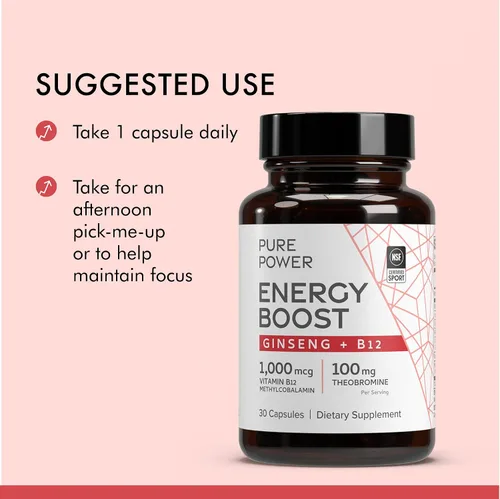 Vista 4 de Dr. Mercola Pure Power Energy Boost con ginseng + B12 - Apoyo energético limpio a base de plantas - Extracto de ginseng coreano y cacao - Suplemento