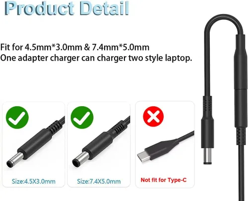 Vista 2 de Cargador para laptop de 65 W compatible con Dell Inspiron 15 14 13 11 16 17 3000 5000 7000 Series 15 3593 3501 3502 3505 5406 5515, Latitude 13 14