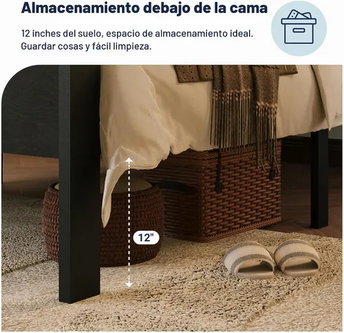 Vista 5 de Base de cama Allewie de tamaño individual con cabecero y pie de cama de madera, soporte de listones de metal resistentes, no requiere somier