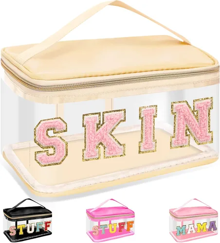 Vista 12 de izuzta Bolsas de maquillaje transparentes con letras de chenilla, bolsa de maquillaje de parche preppy con asa