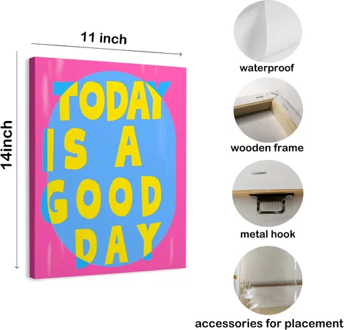 Vista 6 de Arte de Lienzo Inspiracional para Pared, Arte de Pared Femenino, Arte de Lienzo Enmarcado para Pared Azul Preppy Funky Today Is a Good Day de 14x11