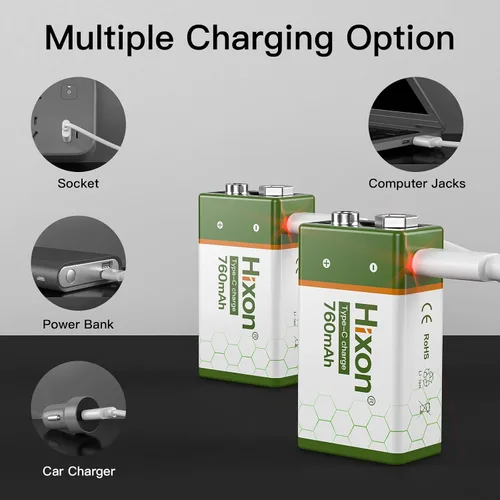 Vista 8 de Hixon Baterías de litio recargables USB de 9 V, baterías de iones de litio de larga duración de 760 mAh de 9 voltios con cable de carga tipo C