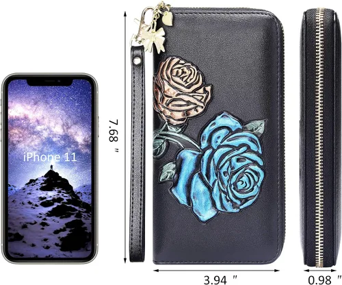 Vista 2 de FEITH & FELLY - Cartera con bloqueo RFID para mujer, de cuero grabado en relieve, talla única