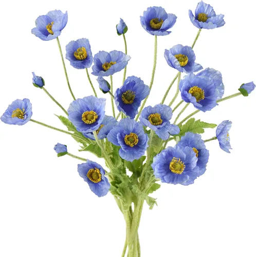 Vista 23 de FiveSeasonStuff Ramo de flores artificiales de amapolas de seda para recuerdo, hogar, boda, 22 pulgadas, 6 tallos (azul hielo antártico)