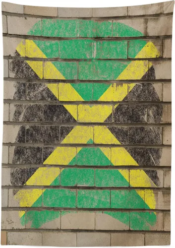 Vista 2 de Ambesonne Mantel jamaicano, ilustración de bandera en la pared con efecto de tiza, diseño de ladrillos viejos, diseño grunge, caribeño, cubierta