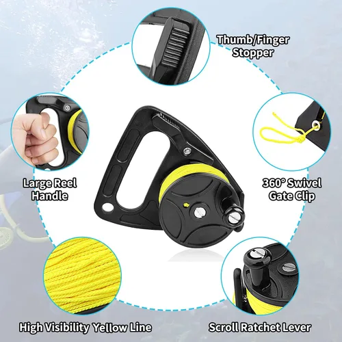 Vista 4 de Carrete de buceo con tapón de pulgar, resistente 46m/150ft White Line SMB Scuba Ratchet Dive Reel con interruptor de tope de mango para cueva