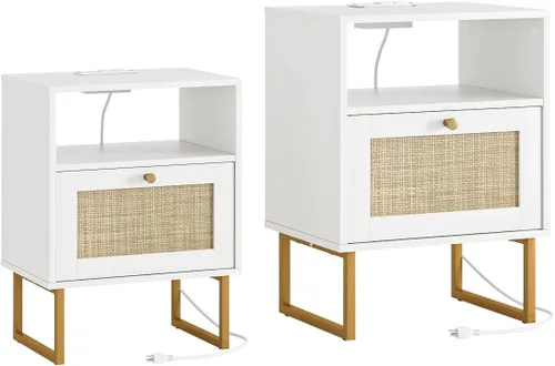 Vista 4 de Masupu Mesita de noche extra grande de ratán, mesita de noche boho moderna de estilo granja con cajón de almacenamiento y estante abierto, mesa