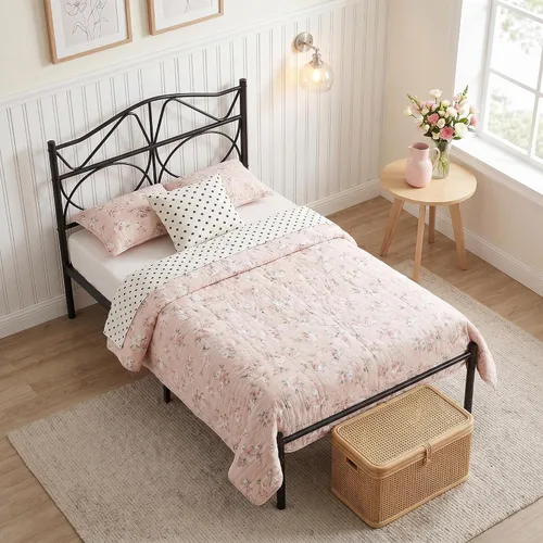 Vista 5 de VECELO Base de cama de plataforma de metal tamaño individual con cabecera y estribo, base de colchón de soporte de listones resistentes, no necesita