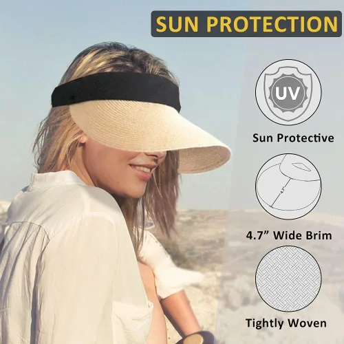 Vista 5 de Sombrero de paja para mujer, visera ancha, protección UV, gorra de playa, plegable, estilo coreano