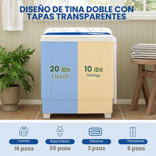 Vista 3 de Lavadora portátil de doble tina de 30 libras, lavadora semiautomática con bomba de drenaje