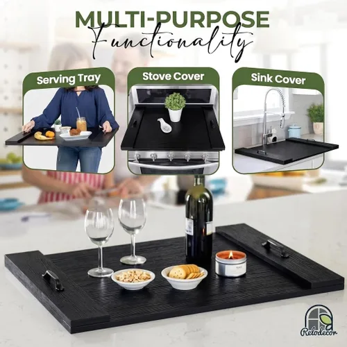 Vista 3 de Cubierta para estufa de tabla de fideos con asas, cubierta superior de estufa eléctrica y de gas de madera rústica, decoración de cocina de granja