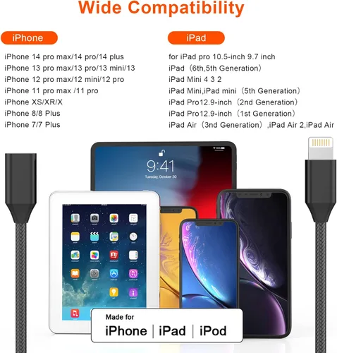 Vista 6 de Cable de extensión de cargador para iPhone, [certificado Apple MFi] Cable de nailon trenzado Lightning Extender Dock Cable macho a hembra adaptador