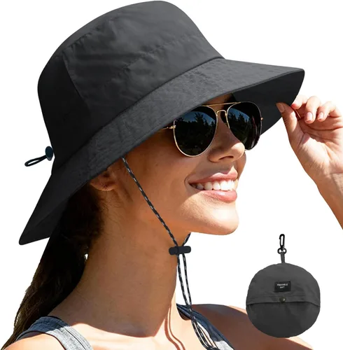 Vista 27 de NPJY Packable Sun Bucket Hat for Women Outdoor Waterproof Rain Hat Beige liso (plegable)