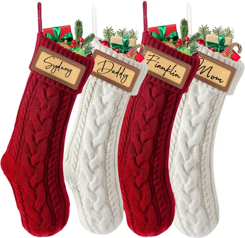 Vista 9 de steo spce Paquete de 4 medias de Navidad personalizadas con parches de cuero, medias de Navidad personalizadas con nombre, medias de Navidad
