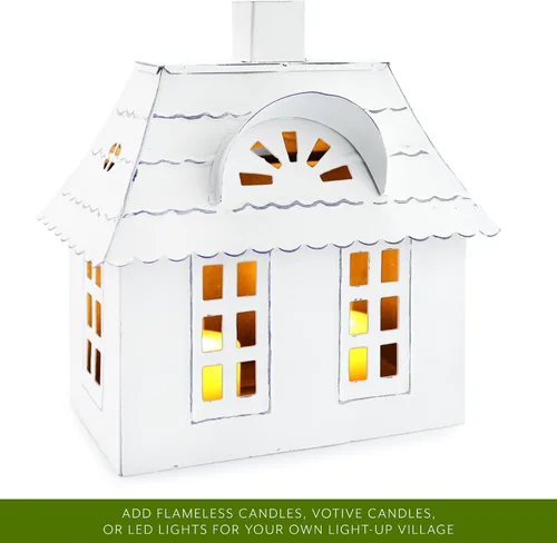 Vista 5 de AuldHome Design Casas de lata decorativas de granja (juego de 3, blanco); linterna de vela decorativa para vacaciones, aldea de Navidad o soporte