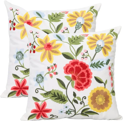 Vista 24 de Pack of 2 Embroidered Decorative Throw Pillow Cover 18x18 Inch Farmhouse Floral Pillowcase for Living Room Sofa Bed (Big Pumpkin)