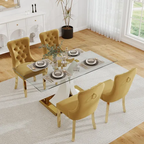 Vista 16 de Juego de comedor moderno de vidrio de lujo de 5 piezas, juego de cena rectangular minimalista grande para 4, juego de mesa de cocina de vidrio