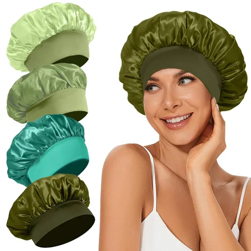 Vista 23 de 4 piezas de gorro de satén de seda, gorro de cabello para dormir, gorro de seda elástica de banda ancha para dormir, suave y transpirable Gorra