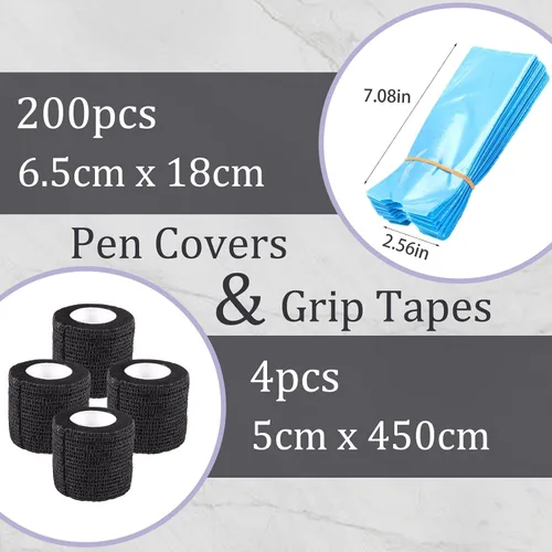 Vista 3 de Cubierta para máquina de bolígrafo de tatuaje y cintas de agarre, 200 piezas de fundas grandes para bolígrafos, bolsas para máquina y 4 envolturas
