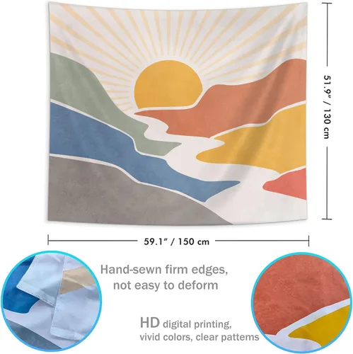 Vista 7 de SUOTEMEIFEI Tapiz bohemio de sol de montaña, arte simple, diseño de amanecer, naturaleza, puesta de sol, paisaje, abstracto, estético, decoración