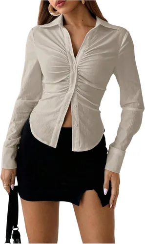 Vista 9 de SOLY HUX - Blusas de manga larga con botones y fruncidos para mujer, camisas de ajuste delgado, tops estéticos