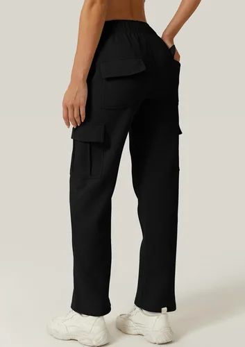 Vista 2 de QINSEN Pantalones deportivos holgados de cintura media para mujer, pantalones largos de forro polar con bolsillos