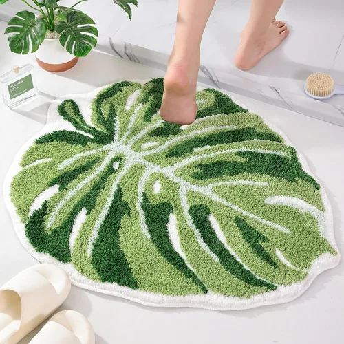 Vista 8 de Panstar Green Leaf - Tapete de baño con planta de plátano grande, antideslizante, absorbente, bonita en forma de palma, alfombra de ducha de felpa