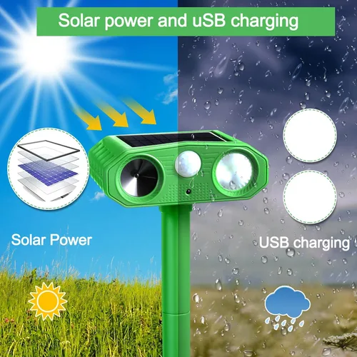 Vista 5 de Qualirey 4 unidades 2025 repelente solar ultrasónico de animales para exteriores, gatos, ardillas, conejos, ciervos, dispositivos repelentes