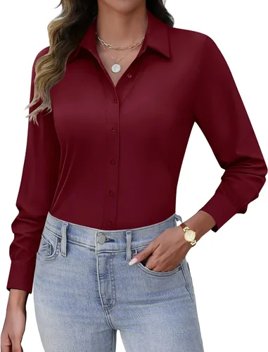 Vista 9 de HOTOUCH Camisas con botones para mujer, de manga larga, elásticas, sin arrugas, blusas de trabajo, ajustadas, para la oficina