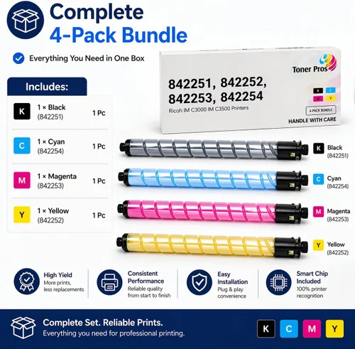 Vista 7 de Toner Pros (TM Compatible [Alto Rendimiento] Tóner (842251, 842252, 842253, 842254) para impresoras Ricoh IM C3000 IM C3500 (paquete de 4 colores)