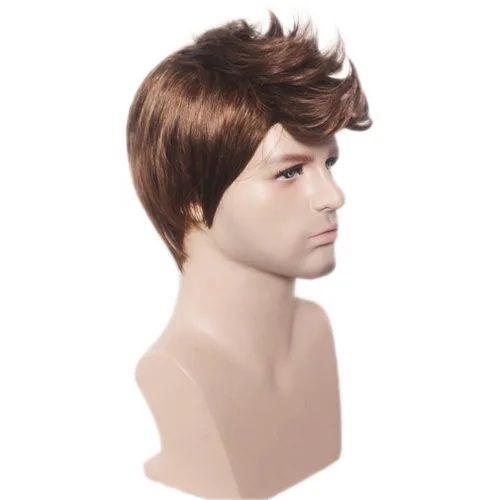Vista 2 de Peluca corta BERON para hombre y chico, para fiesta temática, peluca con gorro de peluca Marrón claro